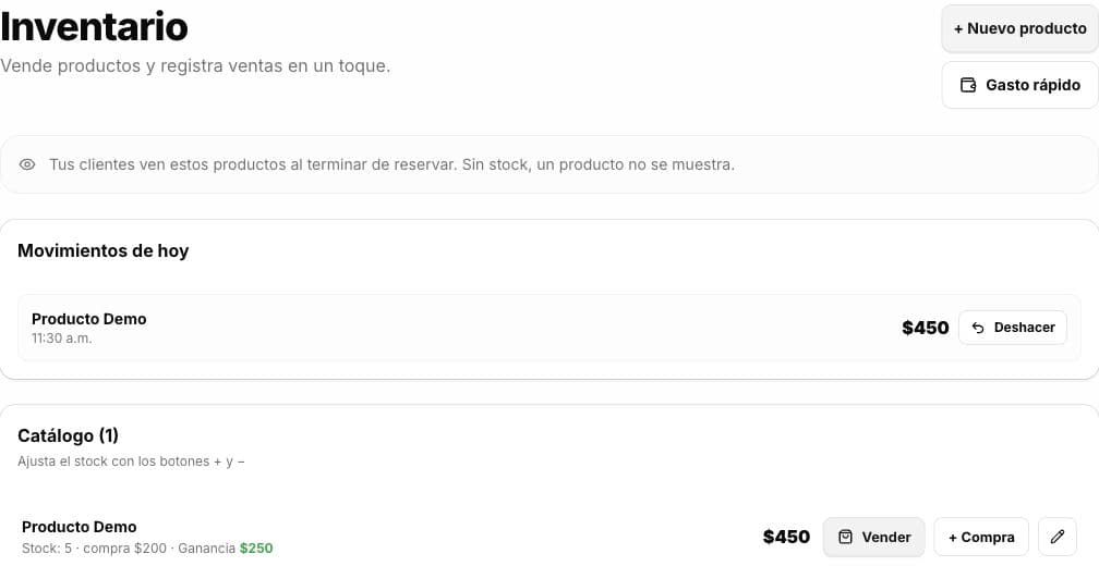 Inventario de GBPro con productos, precios y stock de demostración
