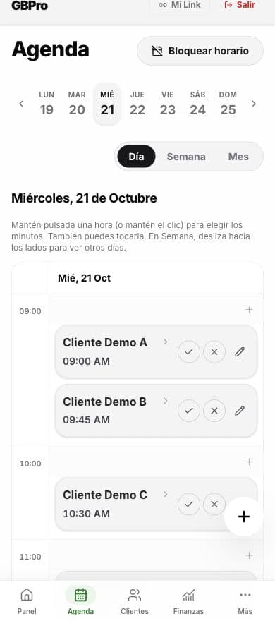 Agenda profesional de GBPro con citas y horarios de demostración