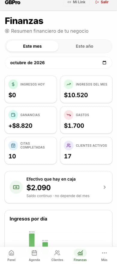 Resumen de ingresos, gastos y movimientos de GBPro con datos de demostración