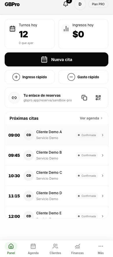Panel real de GBPro con enlace de reservas y próximas citas, con datos de demostración