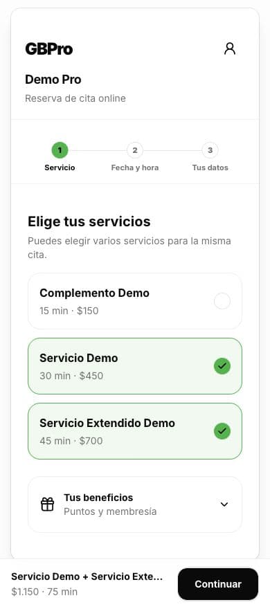 Servicios y precios disponibles en un enlace de reservas de GBPro