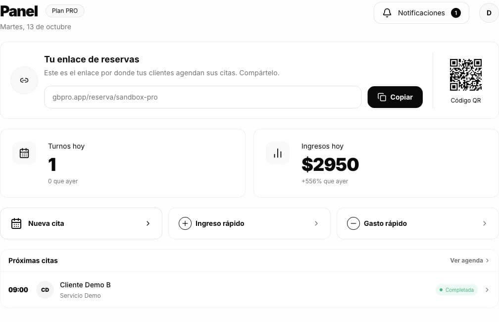 Panel real de GBPro con enlace de reservas y próximas citas, con datos de demostración
