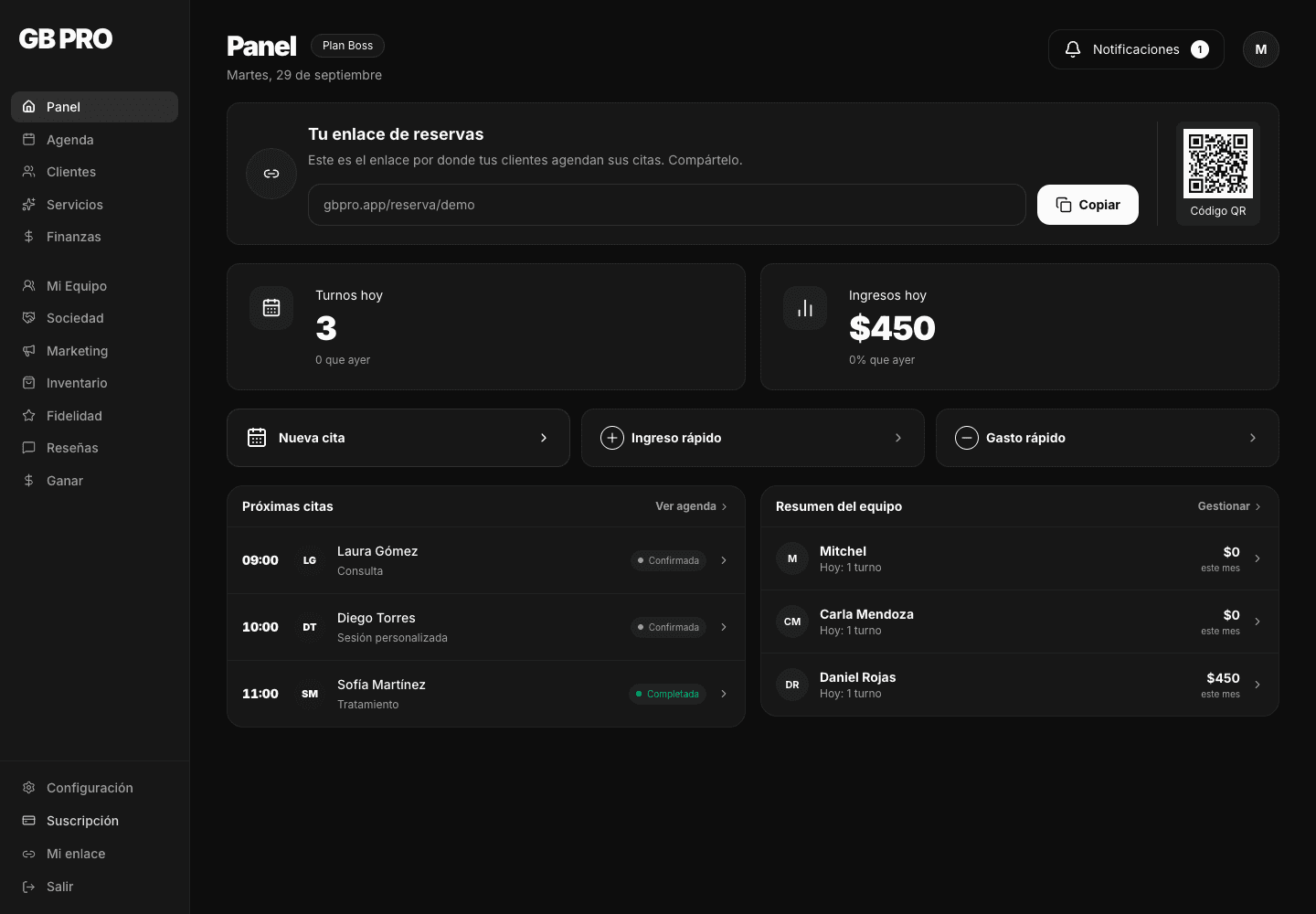 Panel real de GB PRO con enlace de reservas y próximas citas, con datos de demostración