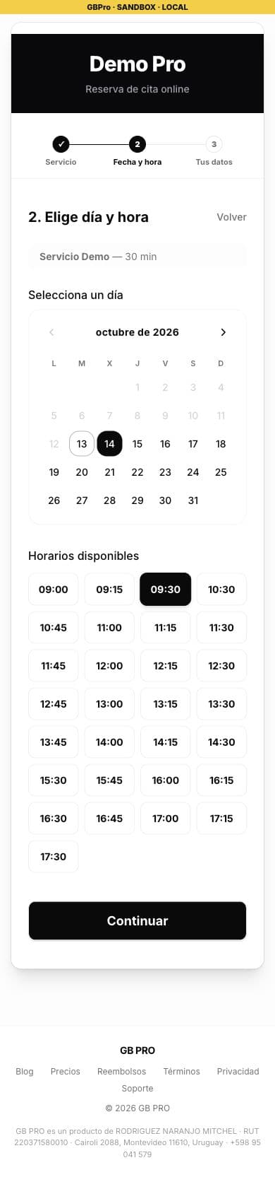Selección de fecha en la página real de reservas de GBPro