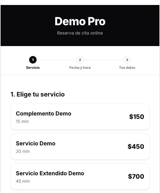 Servicios y precios disponibles en un enlace de reservas de GBPro